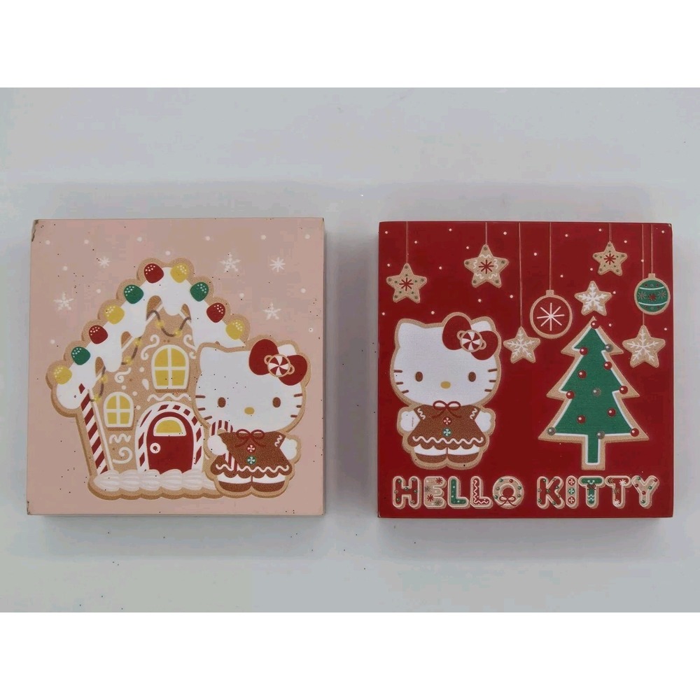 Hello Kitty Christmas 3" x 3" Decor Wooden Wall Desk Plaques Set of 2 Sanrio Lot